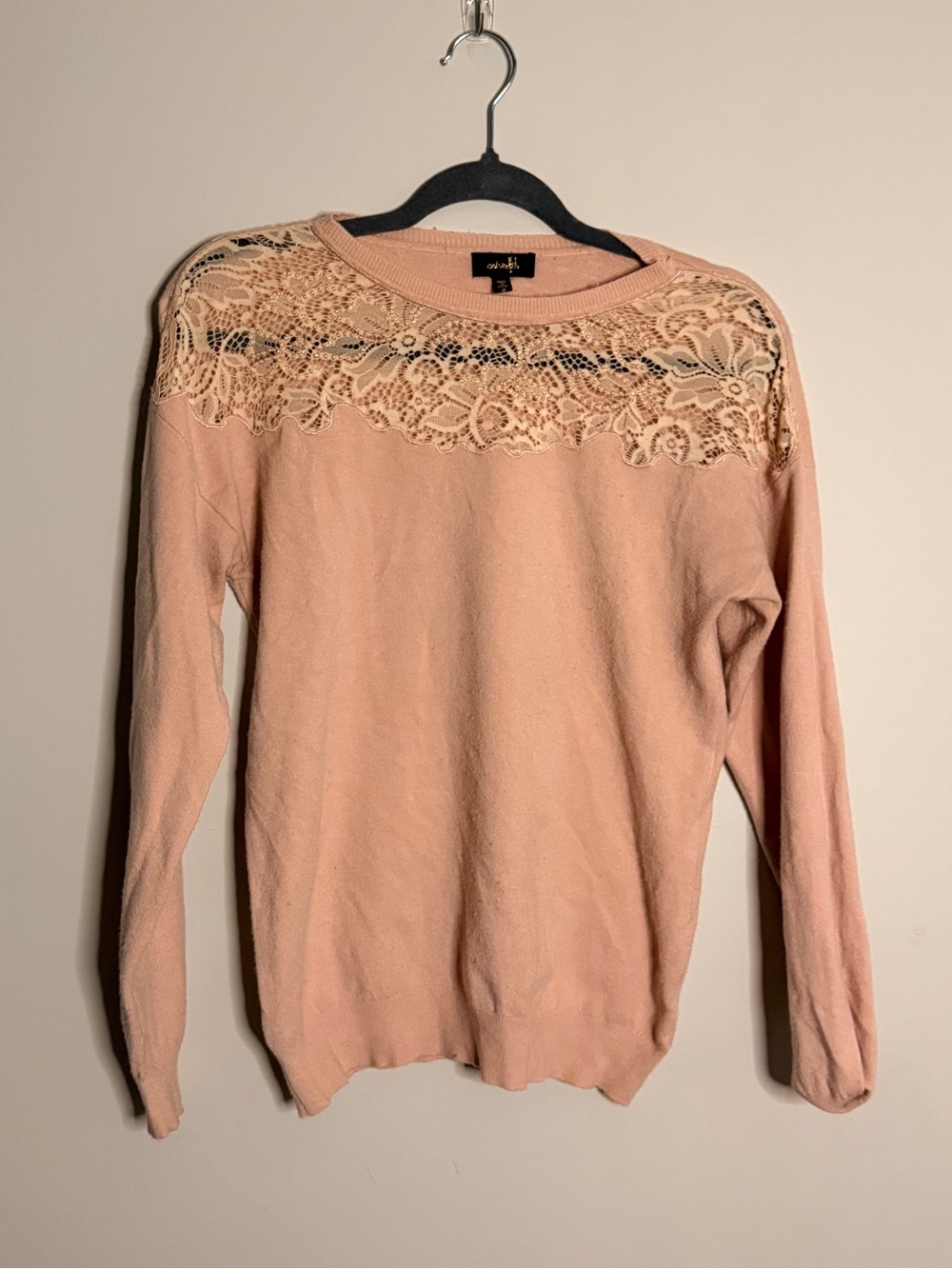 Lace Yoke Crewneck Sweater in Blush Pink